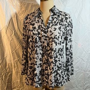 Sunny Leigh Black & White Print Ruffle Chiffon Blouse Button Down Sheer SML